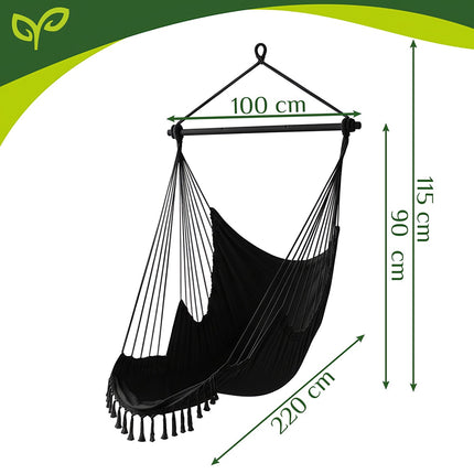 Hanging Chair Swing, 210cm Black, Cotton Fabric, 2 Pillows
