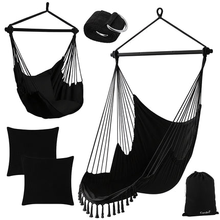 Hanging Chair Swing, 210cm Black, Cotton Fabric, 2 Pillows