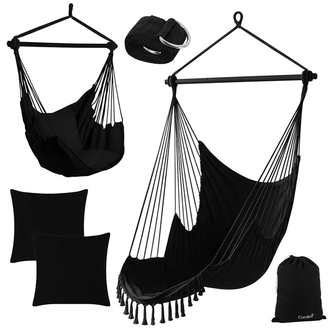 Hängesessel, 210cm Schwarz, Baumwollstoff, 2 Kissen