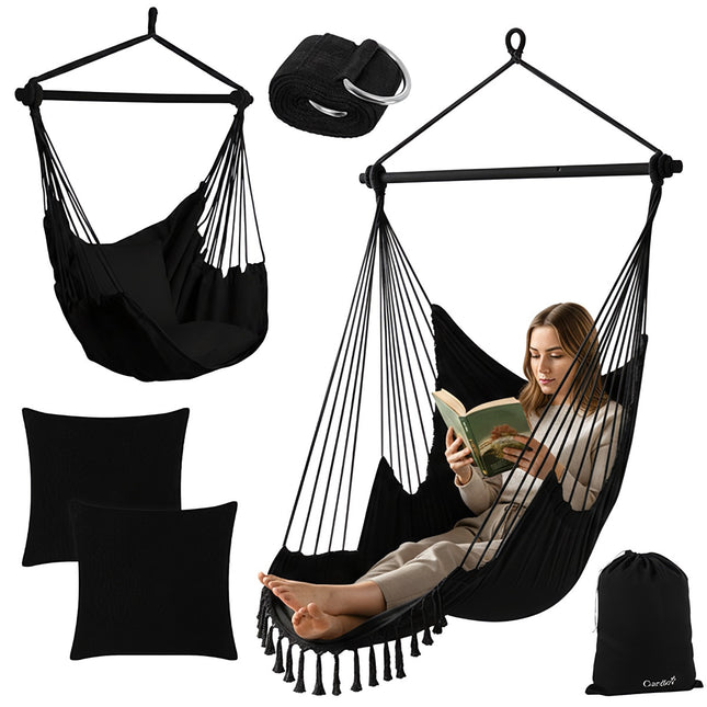 Hängesessel, 210cm Schwarz, Baumwollstoff, 2 Kissen