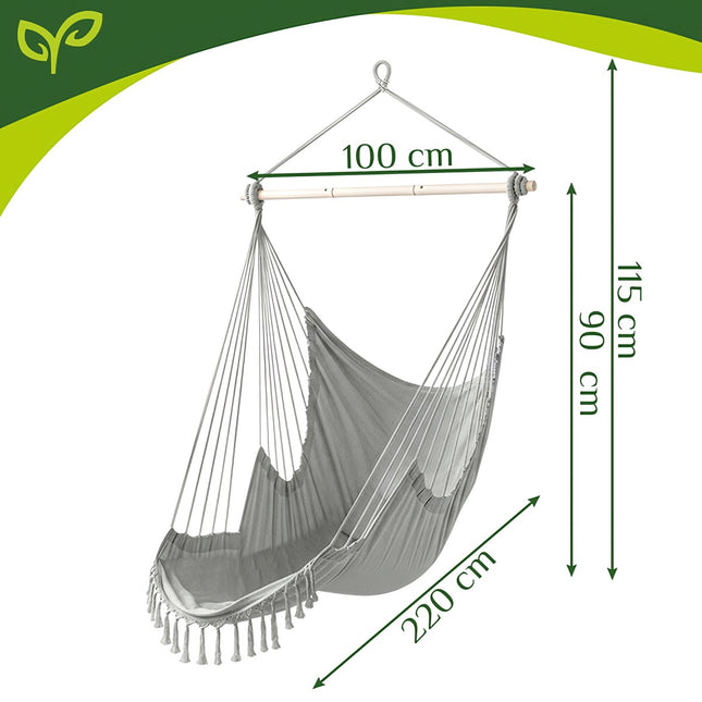 Hängesessel, 210cm Grau, Baumwollstoff, 2 Kissen