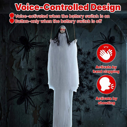 Hanging Halloween Girl Prop with Light-Up Eyes, Creepy Sounds, White Robe