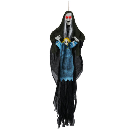 Hanging Halloween Witch Holding Ghost Girl, Sound Activated, Spooky Sounds