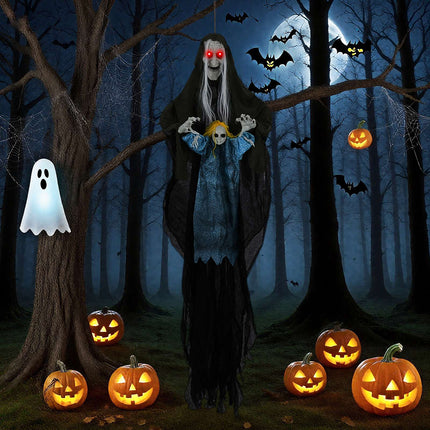 Hanging Halloween Witch Holding Ghost Girl, Sound Activated, Spooky Sounds