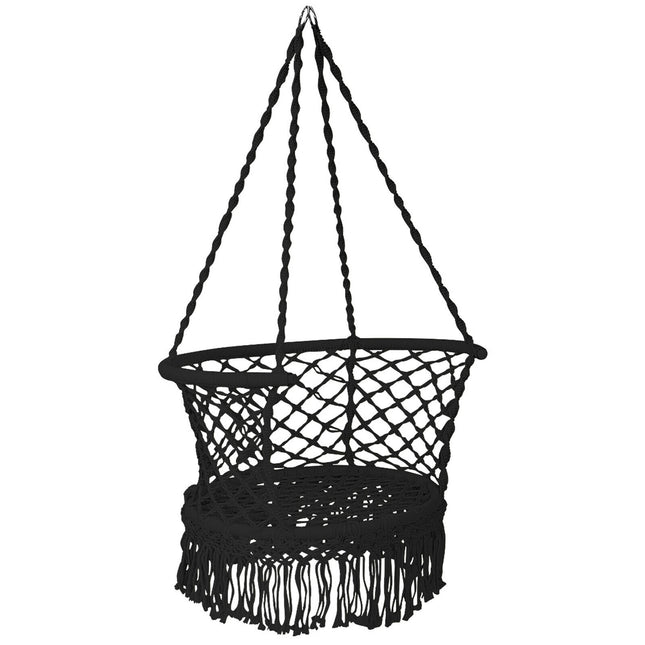 Závěsné houpací křeslo, bavlněné macramé opěradlo, černá