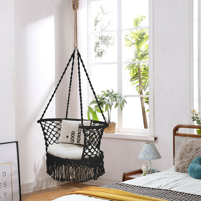 Závěsné houpací křeslo, bavlněné macramé opěradlo, černá