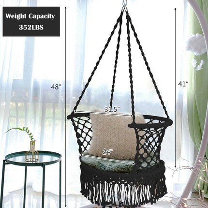 Závěsné houpací křeslo, bavlněné macramé opěradlo, černá