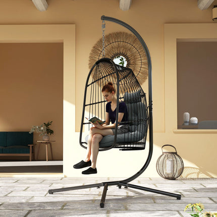Chaise suspendue panier suspendu avec coussin balançoire en polyrotin extérieur intérieur chaise suspendue pliable capacité de charge jusqu'à 150 kg balançoire suspendue panier chaise suspendue pour salon balcon terrasse gris foncé