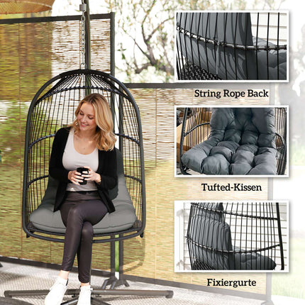 Chaise suspendue panier suspendu avec coussin balançoire en polyrotin extérieur intérieur chaise suspendue pliable capacité de charge jusqu'à 150 kg balançoire suspendue panier chaise suspendue pour salon balcon terrasse gris foncé