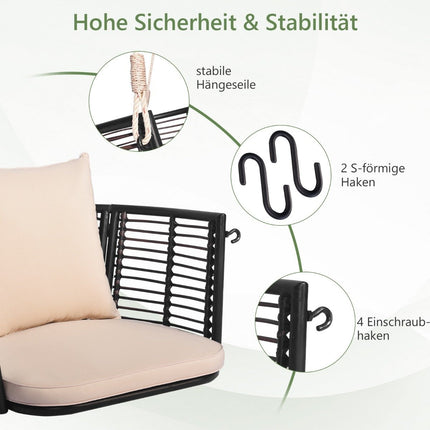 Chaise suspendue avec une capacité de charge jusqu'à 180 kg, siège suspendu avec coussins et structure en métal et cordes de suspension 77 x 62 x 38 cm