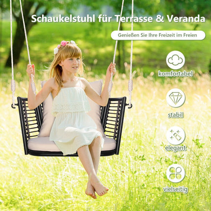 Chaise suspendue avec une capacité de charge jusqu'à 180 kg, siège suspendu avec coussins et structure en métal et cordes de suspension 77 x 62 x 38 cm