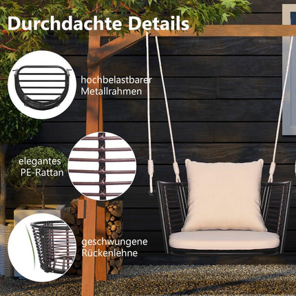 Chaise suspendue avec une capacité de charge jusqu'à 180 kg, siège suspendu avec coussins et structure en métal et cordes de suspension 77 x 62 x 38 cm