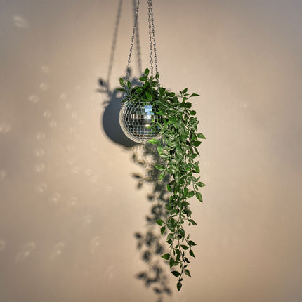 Hanging flower pot with disco ball