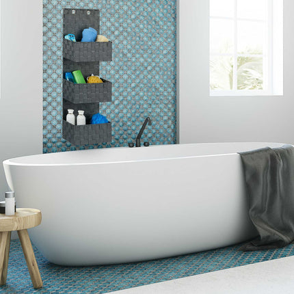 Hanging storage in fabric with 3 baskets