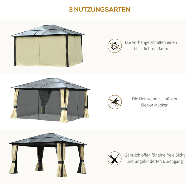 Gartenpavillon mit Hardtop 4,2x3,6m, Vorhänge mit Moskitonetz