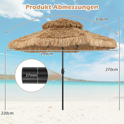 Hawaiianischer Tiki-Sonnenschirm, 299cm PE-Stroh, Neigung verstellbar