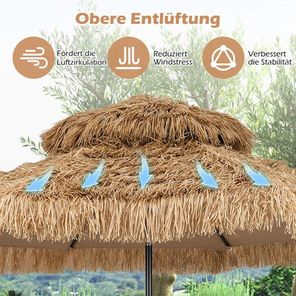 Hawaiianischer Tiki-Sonnenschirm, 299cm PE-Stroh, Neigung verstellbar