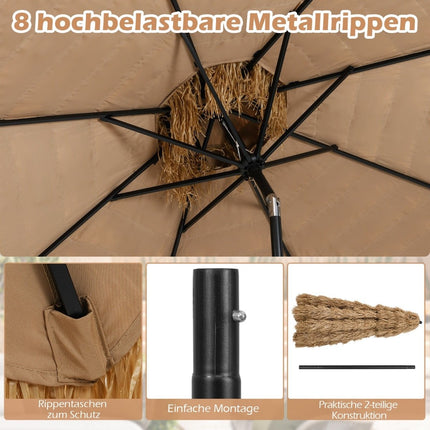 Hawaiianischer Tiki-Sonnenschirm, 299cm PE-Stroh, Neigung verstellbar