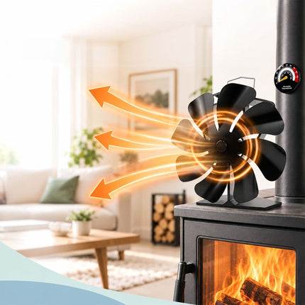 Heat-Powered Stove Fan with Flue Pipe Thermometer, 8 Blades, Black