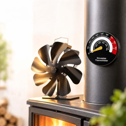 Heat-Powered Stove Fan with Flue Pipe Thermometer, 8 Blades, Black