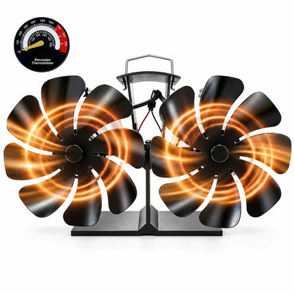 Heat-Powered Stove Fan with Twin Motor and Thermometer, 16 Blades, Black