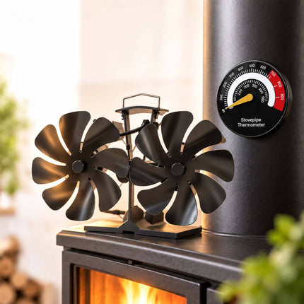 Heat-Powered Stove Fan with Twin Motor and Thermometer, 16 Blades, Black