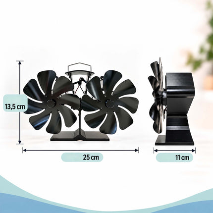 Heat-Powered Stove Fan with Twin Motor and Thermometer, 16 Blades, Black