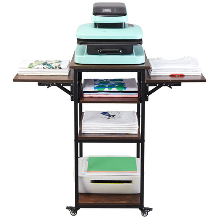 Heat Press Table with Charging Station, 4 Tier, Folding, Brown