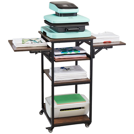 Heat Press Table with Charging Station, 4 Tier, Folding, Brown