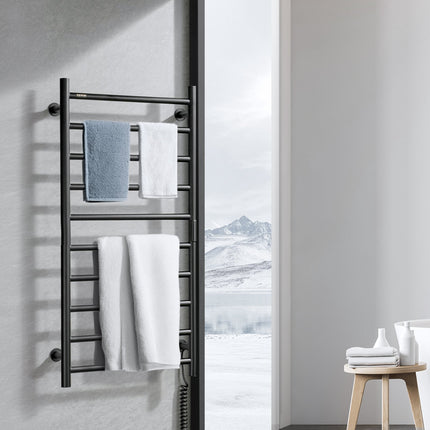 Heated Towel Rack, Wall Mount, 10-Bar, Timer, Black