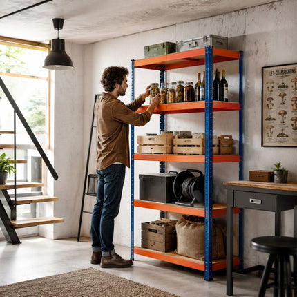 Heavy-Duty Metal Shelving Unit with 5 Adjustable Shelves, 875 kg, Blue-Orange