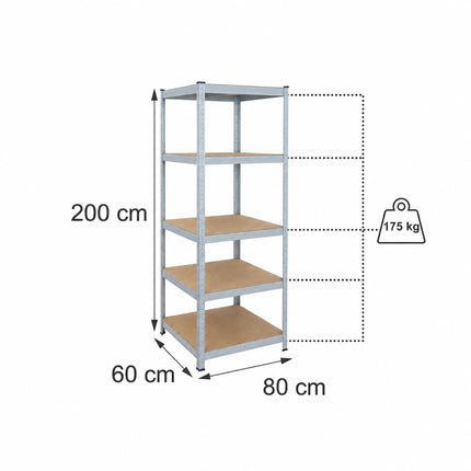 Heavy-Duty Shelving Unit with 5 Adjustable Tiers, 175 kg per Tier, Grey