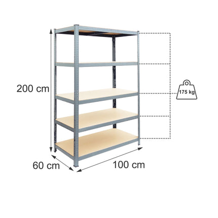 Heavy-Duty Shelving Unit with 5 Adjustable Tiers, 175 kg per Tier, Grey