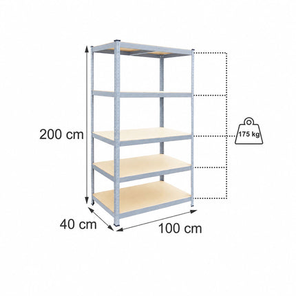 Heavy-Duty Shelving Unit with 5 Adjustable Tiers, 175 kg per Tier, Grey