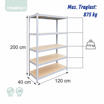Heavy-Duty Shelving Unit with 5 Adjustable Tiers, 175 kg per Tier, Grey