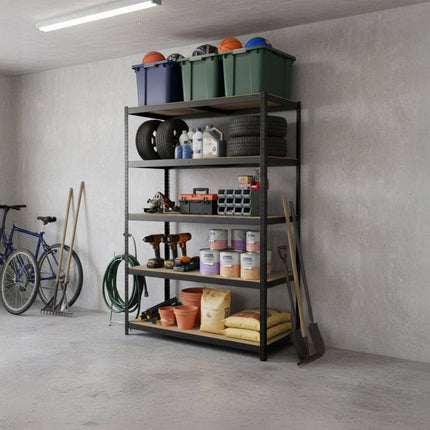 Heavy-Duty Steel Rack, 5 Adjustable Shelves, Black
