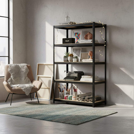 Heavy-Duty Steel Rack, 5 Adjustable Shelves, Black