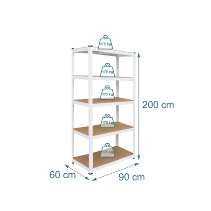 Heavy-Duty Steel Shelving Unit with 5 Adjustable Shelves, White, 875 kg Load