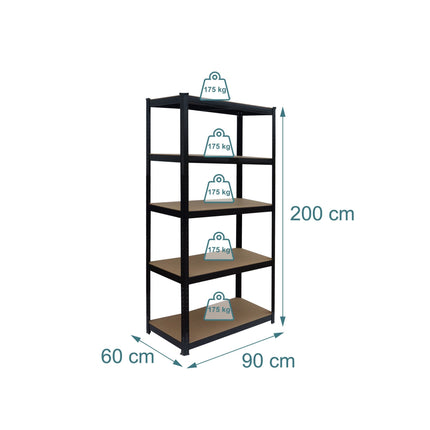Heavy-Duty Steel Shelving Unit with 5 Adjustable Tiers, 175 kg per Tier, Black