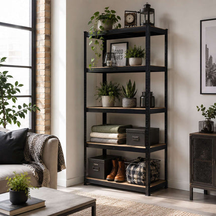 Heavy-Duty Steel Shelving Unit with 5 Adjustable Tiers, 175 kg per Tier, Black
