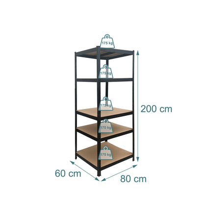 Heavy-Duty Steel Shelving Unit with 5 Adjustable Tiers, 175 kg per Tier, Black