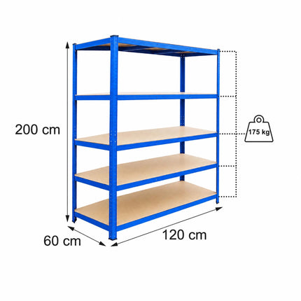 Heavy-Duty Steel Storage Rack with 5 Adjustable Shelves, 175 kg per Shelf, Blue