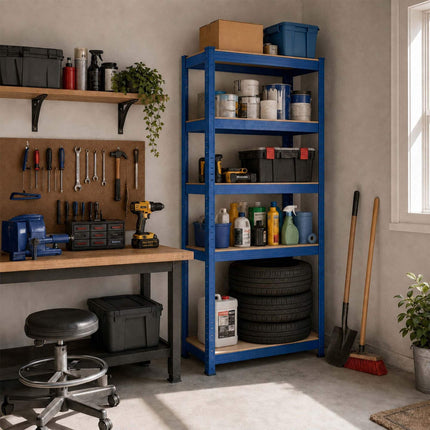 Heavy-Duty Steel Storage Rack with 5 Adjustable Shelves, 175 kg per Shelf, Blue