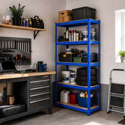 Heavy-Duty Steel Storage Rack with 5 Adjustable Shelves, 175 kg per Shelf, Blue