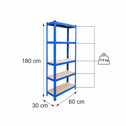 Heavy-Duty Steel Storage Rack with 5 Adjustable Shelves, 175 kg per Shelf, Blue