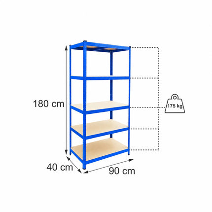Heavy-Duty Steel Storage Rack with 5 Adjustable Shelves, 175 kg per Shelf, Blue