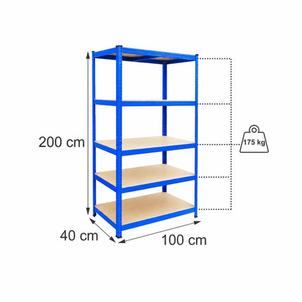Heavy-Duty Steel Storage Rack with 5 Adjustable Shelves, 175 kg per Shelf, Blue