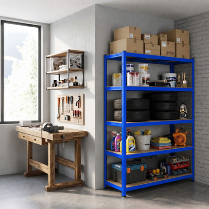 Heavy-Duty Steel Storage Rack with 5 Adjustable Shelves, 175 kg per Shelf, Blue