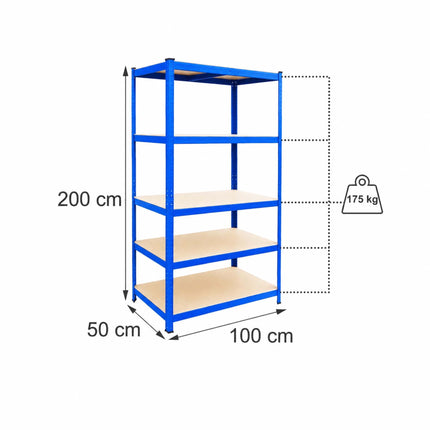 Heavy-Duty Steel Storage Rack with 5 Adjustable Shelves, 175 kg per Shelf, Blue