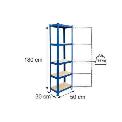 Heavy-Duty Steel Storage Rack with 5 Adjustable Shelves, 175 kg per Shelf, Blue